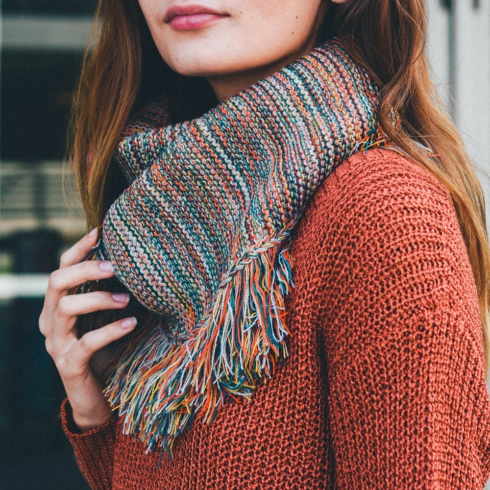 Rainbow KNIT women yarn infinity scarf FRINGES